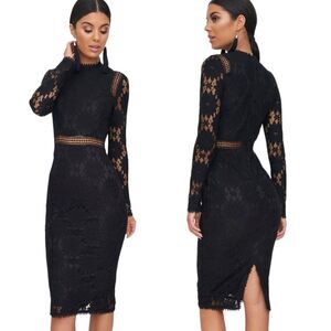 Pretty Little Thing Long Sleeve Black Lace Pencil Dress Size 6 Knee Length